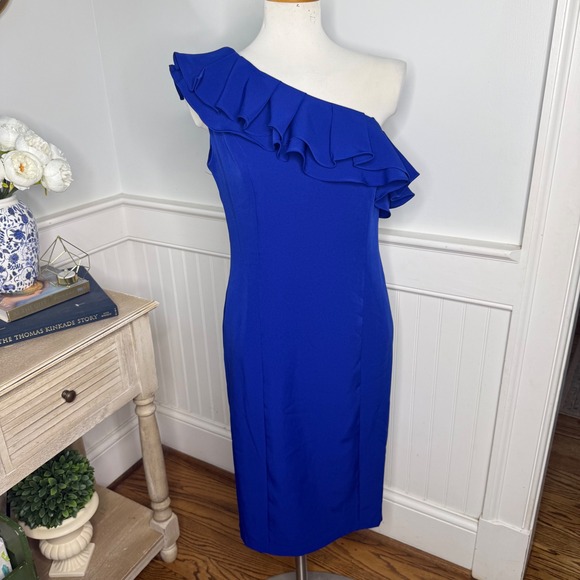 MARINA Dresses & Skirts - Marina One Shoulder Ruffle Sheath Dress Cobalt Blue Size 6 NWT